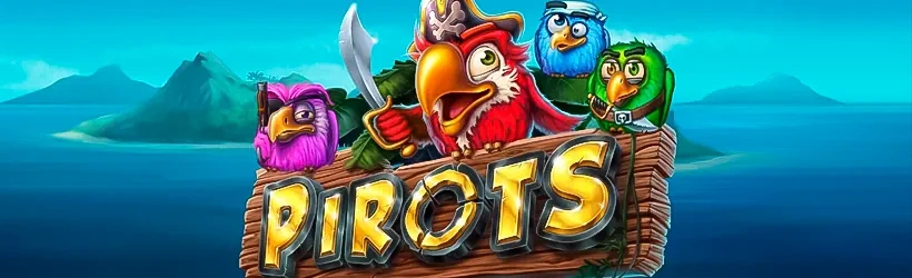 Pirots 4 slot banner with colorful birds and pirate title