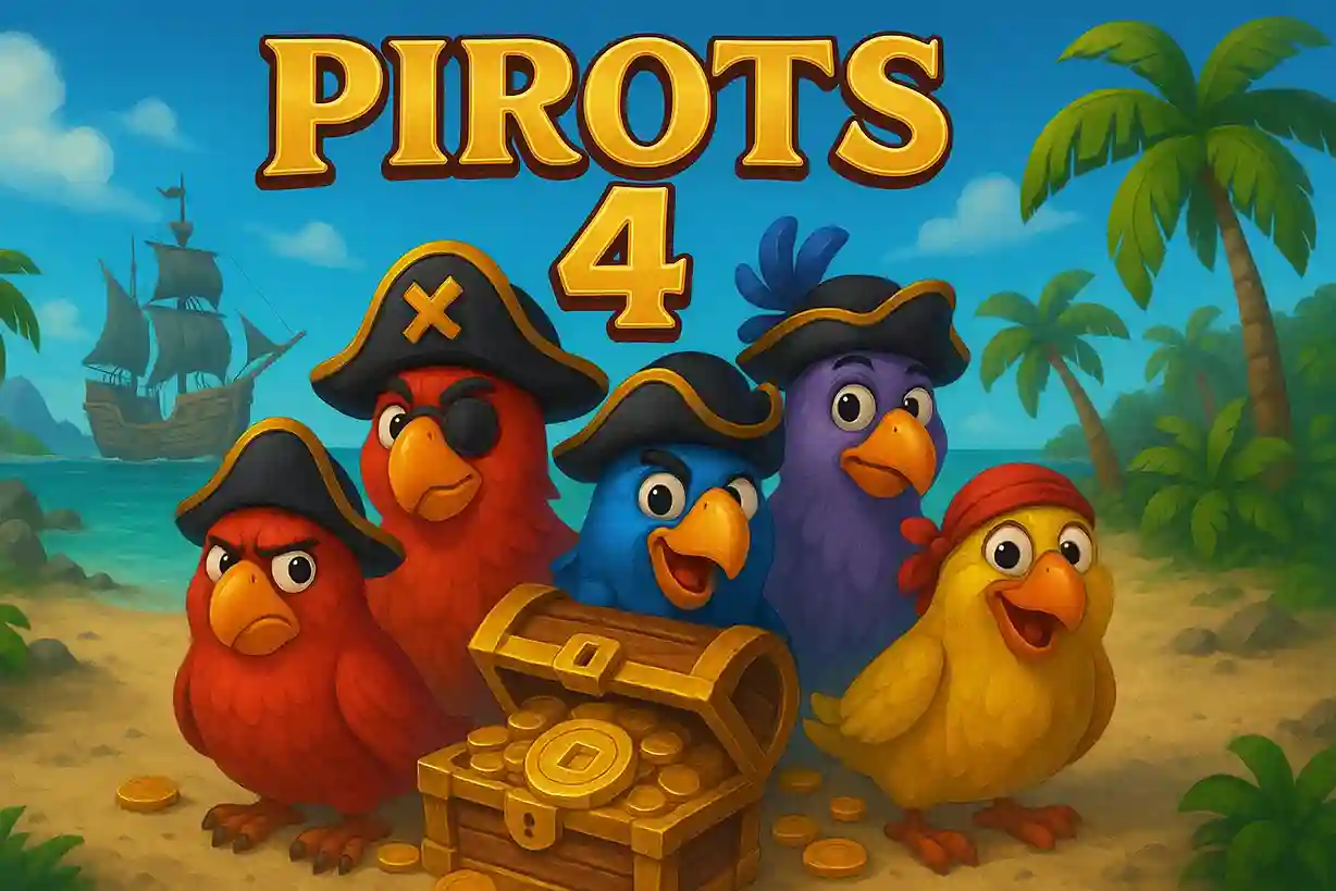 Vertical Pirots 4 slot poster with pirate birds and golden coins